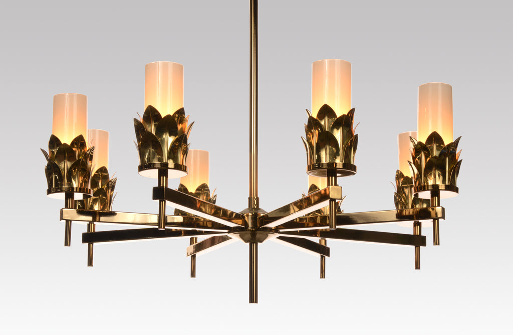 Gio Medici Gold leaf hand blown glass flame dining chandelier 