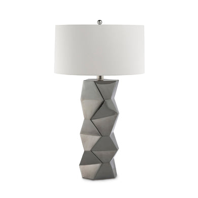 Carina Modern hand crafted ceramic geometric shape table lamp made with grey sculpture body and white linen lampshade