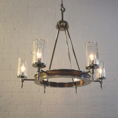 Fiammi single tier flame bulb chandelier with wood and nickel finish