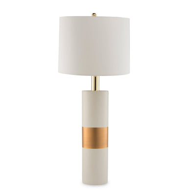 Obi hand crafted ceramic slender table lamp with gold leaf strip in middle with white linen lamp shade