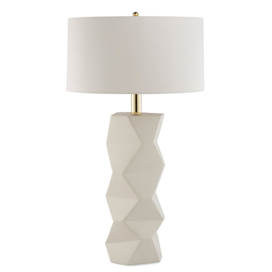 Modern geometric shape table lamp made with creme sculpture body and lampshade