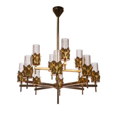 Gio Medici two tier polish brass gold leave 8+4 arm chandelier with candle shades