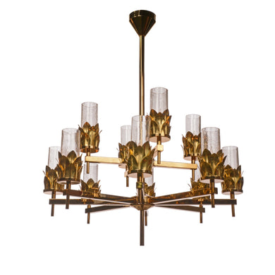 Gio Medici two tier polish brass gold leave chandelier with candle shades