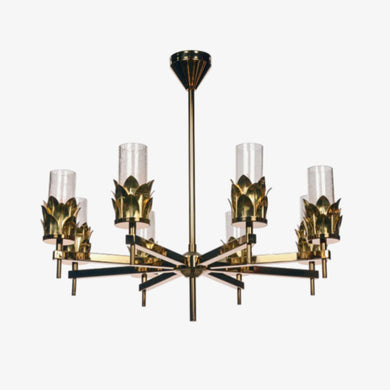 Gio Medici single tier 8 arm chandelier with gold leaves in polished brass